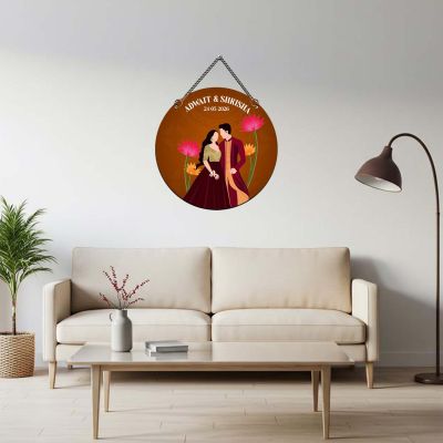 Personalized Couple Wedding Theme Wall Hanging Decoration Couple Portrait with Lotus Flowers Design Wedding, Anniversary, or Engagement Gift for Husband, Wife, & Couples